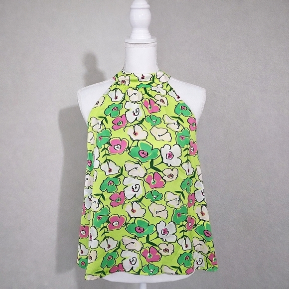 THML Tops - THML Scarf Print Halter Neck Tie Back Sleeveless Chartreuse Floral Y2K Blouse